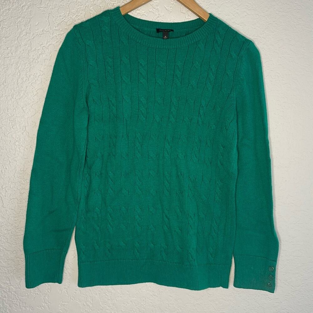 Talbots Kelly Green Cable Knit Sweater Buttons Medium Lambswool Fall